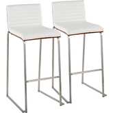 Mason Mara 30" Bar Stool in Stainless Steel, Walnut Wood & White Leatherette (Set of 2)